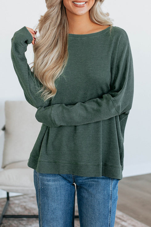 Waffle Knit Drop Shoulder Wide Crewneck Banded Hem Loose Fit Top